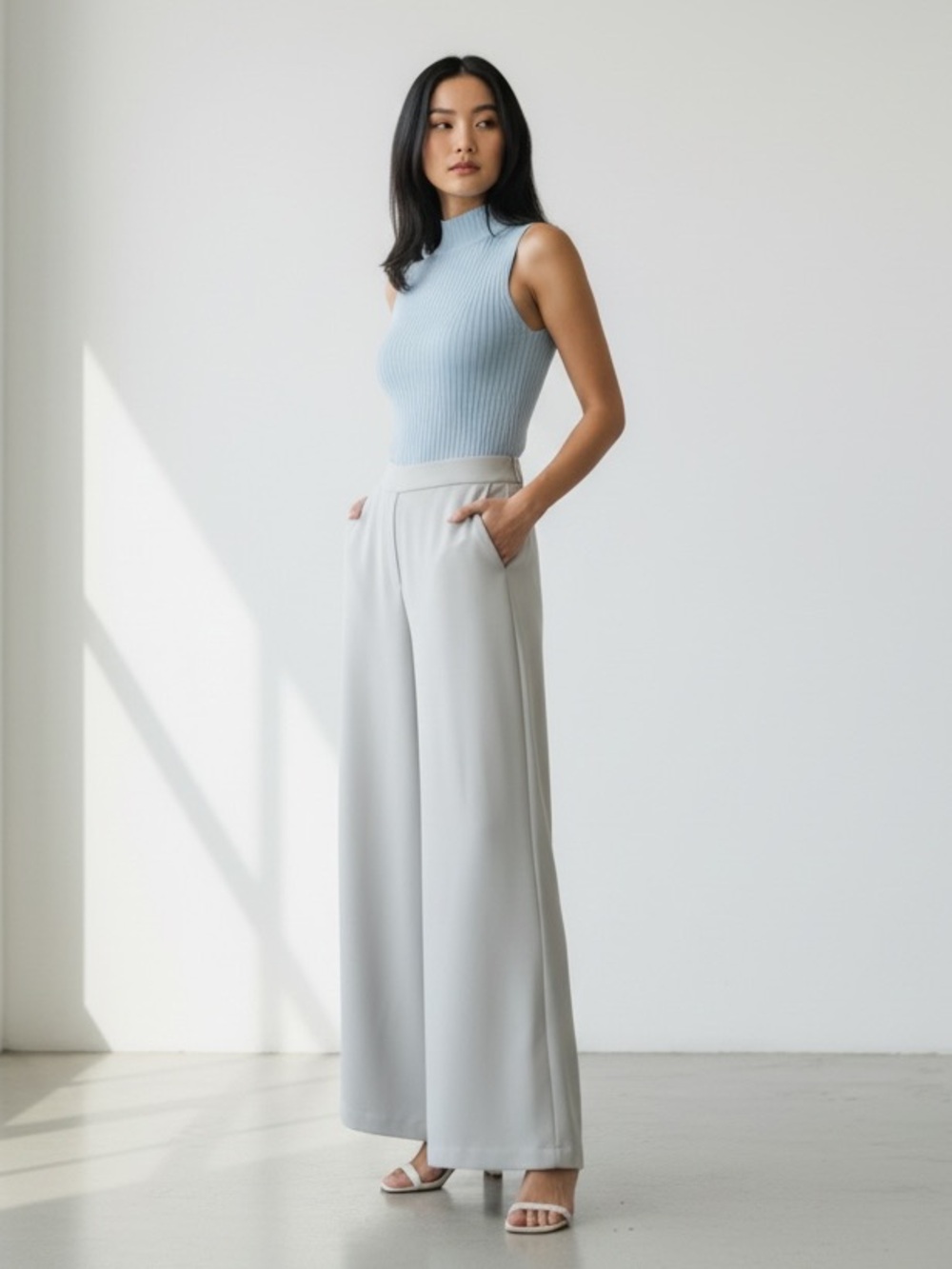 1085 • Light Grey Wide Leg Cool Draped Trousers